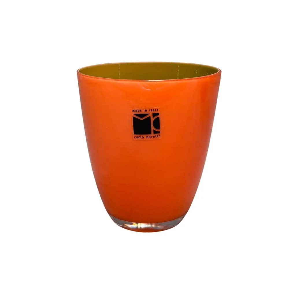 Carlo Moretti Murano Italy Cased Glass Orange Olive Green Tumbler Vase 3.5